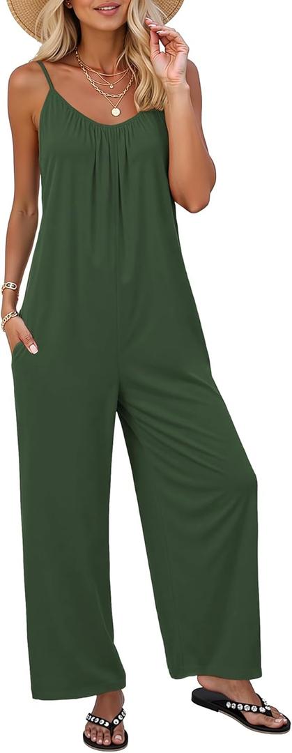 LILBETTER Women Jumpsuits Casual Sleeveless Spaghetti Strap Boho Wide Leg Rompers with Pockets (Green, XL)