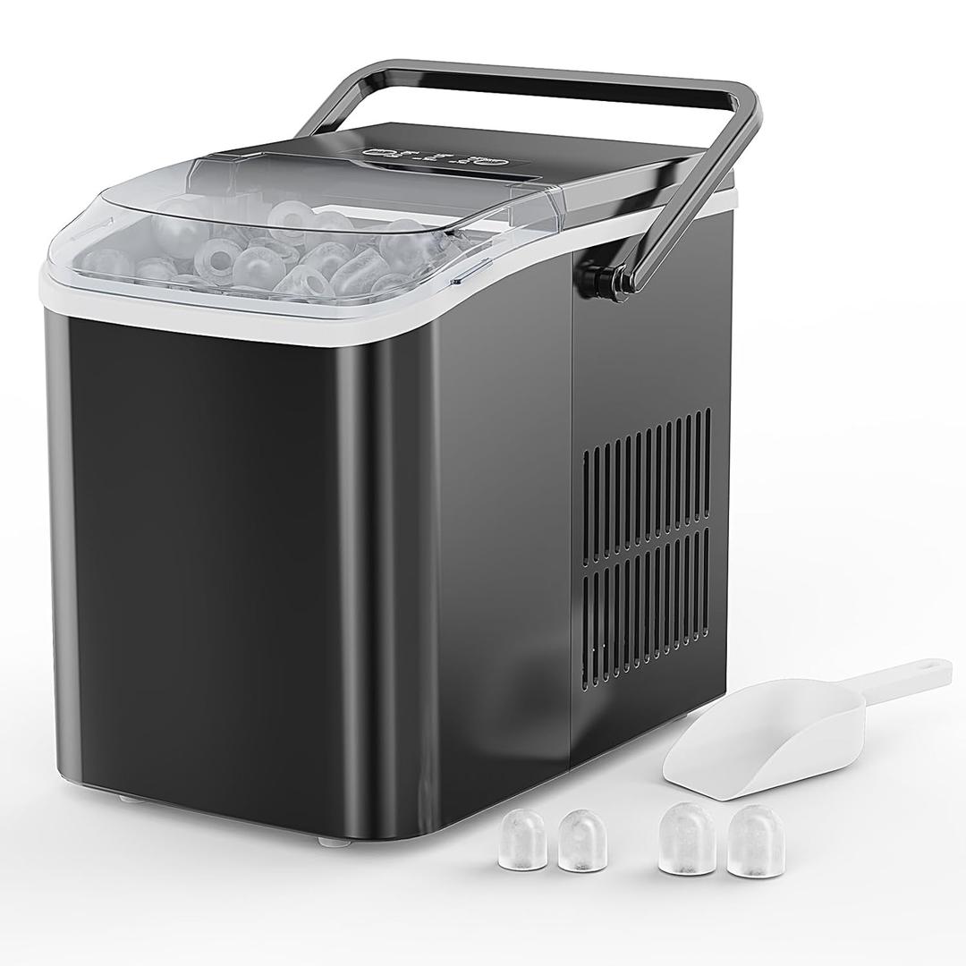 NEWBULIG Ice Makers Countertop with Handle, Portable Ice Machine, 9 Bullet Ice Cubes in 6 Mins, 26lbs in 24Hrs, Auto-Cleaning, with Basket and Scoop, for Home, Kitchen, RV, Camping,Black (12.5"*11.6"*8.4")