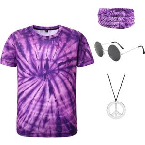 Inrajoper Boys 60s 70s Outfits 4 Pcs Hippie Costume Accessories Kids Colorful Tie Dye Tshirt for Theme Party 4-5 Years Purple