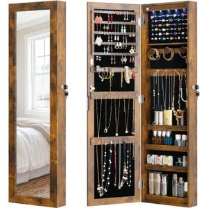 Full Length Mirror Jewelry Cabinet Organizer Lockable Door Wall-Mounted Jewelry Armoire with Shelves and Behind the Door Storage Rustic Brown