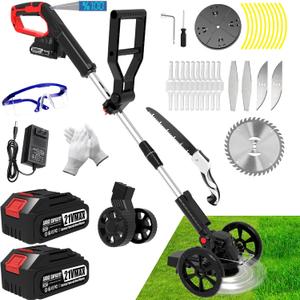 Electric Weed Wacker Eater Battery Powered, Cordless Weed Trimmer with 2 21V/2.0Ah Battery Operated & Charger & Wheels & 5 Types Blades, No-String Brush Cutter/Lawn Edger/Grass Trimmer for Garden Yard
