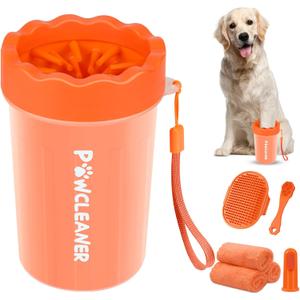 Professional 7 in 1 Dog Paw Cleaner for Dogs & Cats - Includes 1 Portable Paw Washer, 1 Bath Brush, 2 Dog Toothbrushes and 3 Absorbent Towels Note: Fits Paws 1.5 to 2.5 Inches Wide (Orange, Medium)