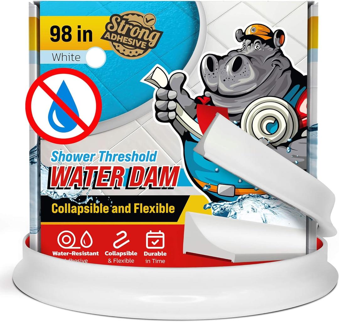 Shower Threshold Water Dam Barrier 98" - White Collapsible Shower Water Blocker - Guard for Walk in Shower - Water Guard Stopper for Floor - Shower Door Water Blocker by Hippo Dam