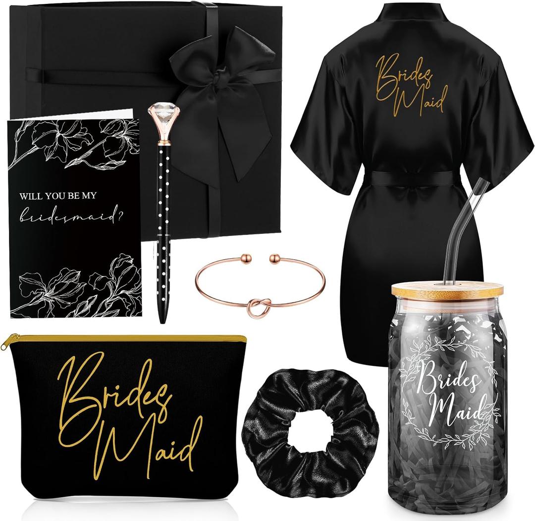 Irenare Bridesmaid Proposal Gifts Set Robes Makeup Bag Cup Cards Hair Tie Bracelet Diamond Pen Bridesmaid Gift Box(Black,8 Pcs)
