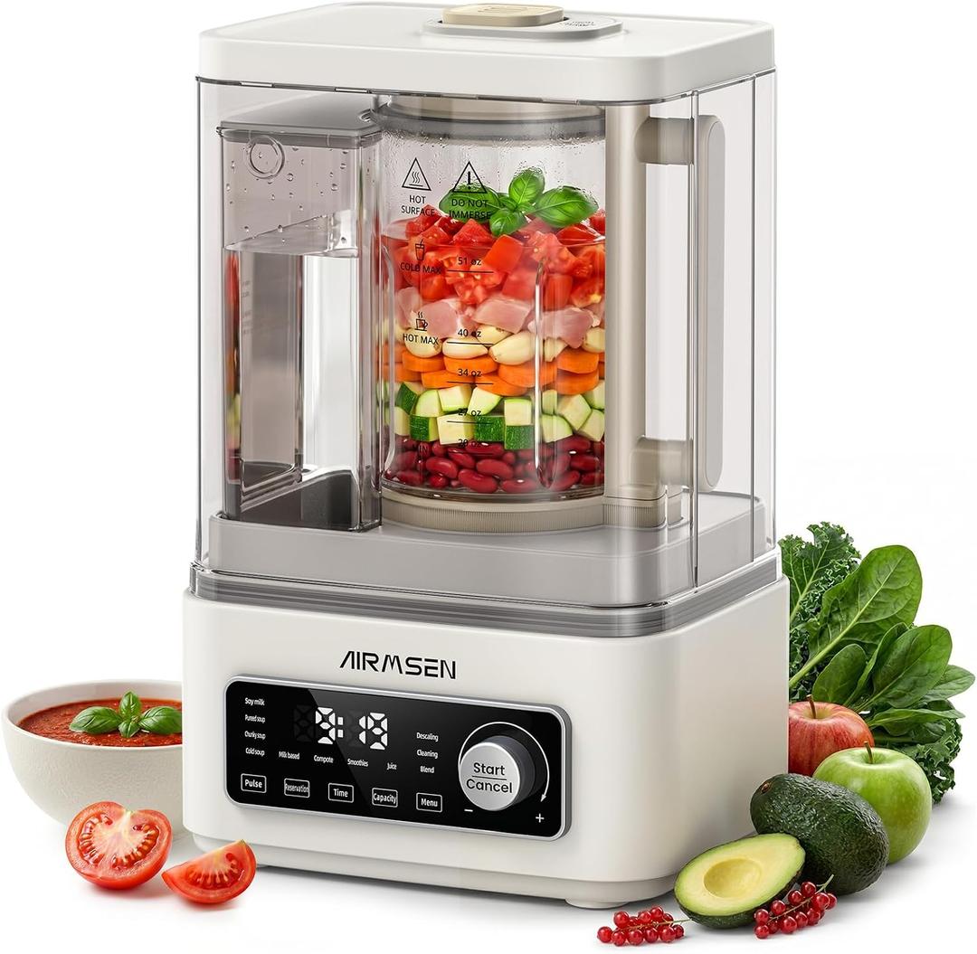 AIRMSEN 11-in-1 Steam Heating Glass Blender for Kitchen, 1200W Professional Countertop Blender with 68oz Removable Water Tank for Smoothies, Milkshakes, Juices, Soups and Sauces, Easy to Clean, White