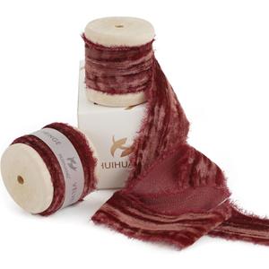 HUIHUANG Rust Red Velvet Ribbon 1 inch Frayed Silk Velvet Ribbon Fringe for Gift Wrapping, Floral Bouquets, Ornaments Crafts, Christmas Tree Decoration, Wreaths, Wedding Decor