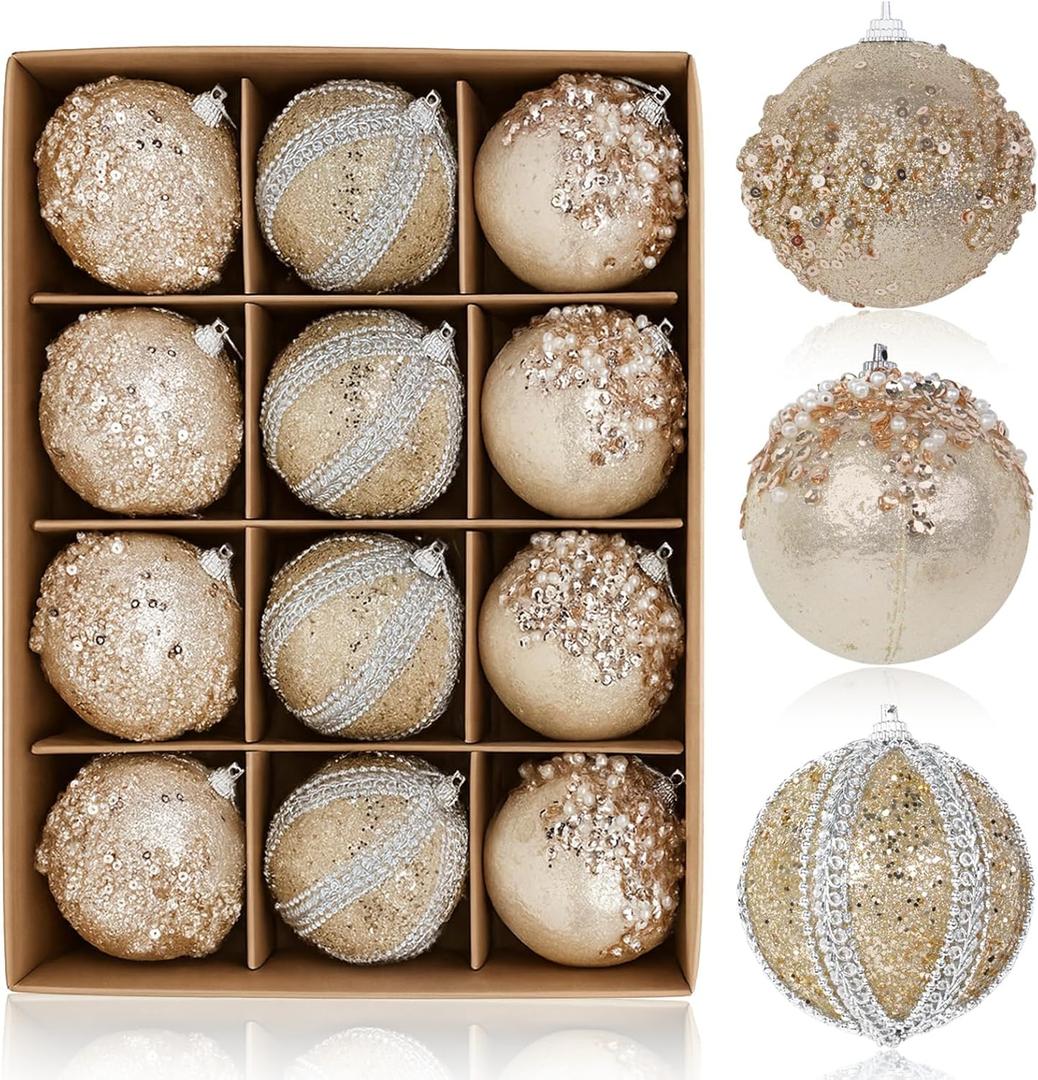 Christmas Ornaments Set 12PCS Rustic Farmhouse Neutral Christmas Ornaments, 3.15" Shatterproof Large Balls Hanging for Xmas Tree, Party Holiday (Champagne)