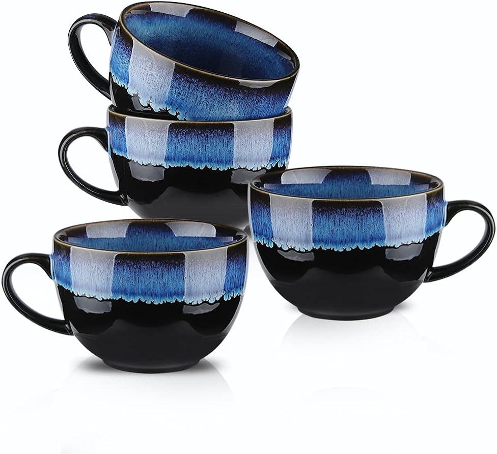 KOOV Ceramic Soup Mug, Soup Bowls with Handles Microwave Safe, 24 Ounce Jumbo Mug and Cereal Mugs Set of 4, Reactive Glaze (Nebula Blue)