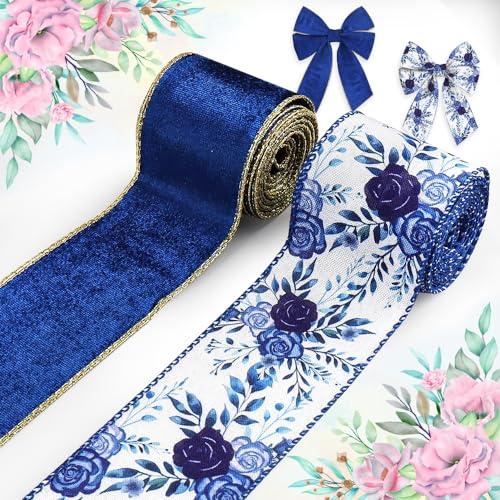 2 Rolls Christmas Flowers Ribbons for Wreath Bows, 2.5"×10 Yards Blue Velvet Wired Edge Ribbon Blue Rose Ribbons for Crafting Wedding Bridal Shower Decorations Supplies