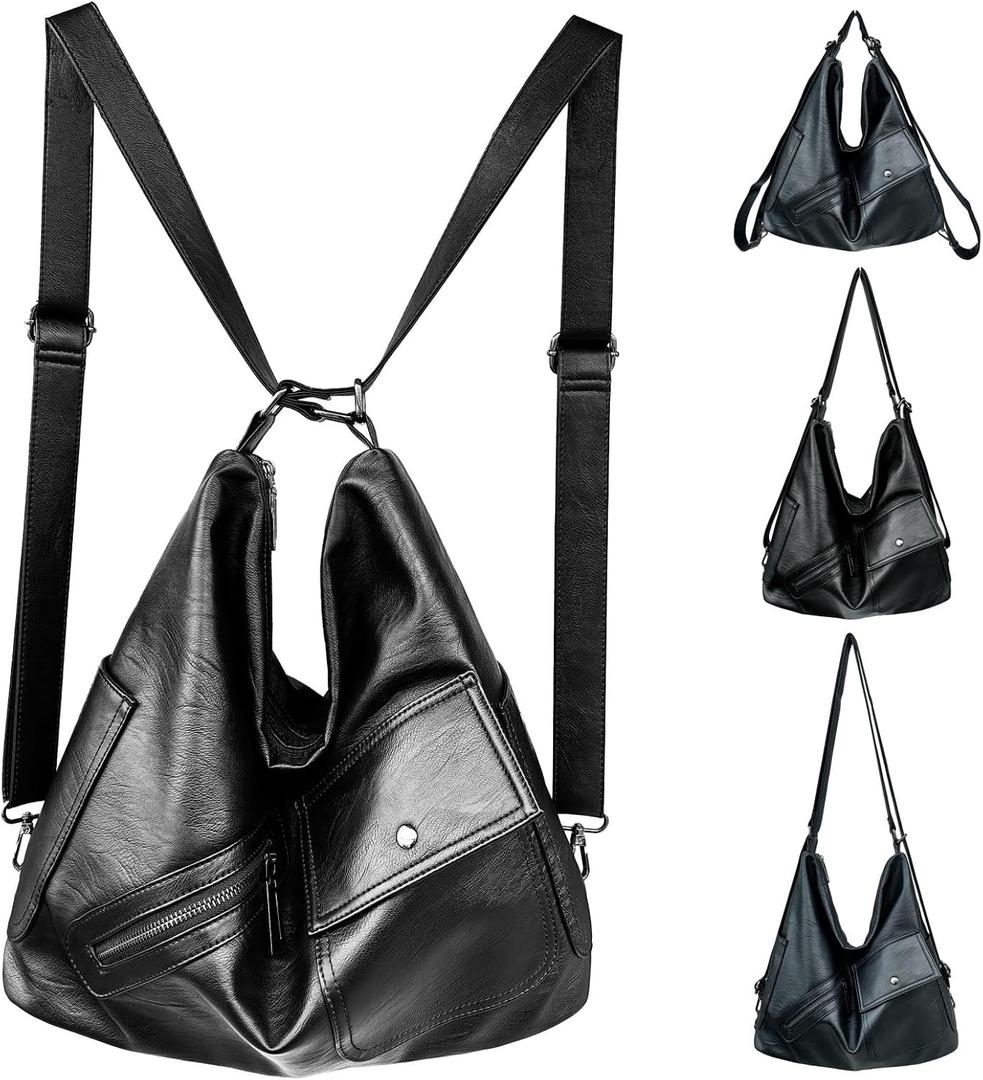 4-in-1 Convertible Crossbody Backpack Purse for Women, Large Soft Vegan Leather Casual Daily Work Travel Hobo Bag (PU Black)