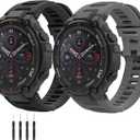 2 Pack Waterproof Bands Compatible with Amazfit T-Rex Pro Watch Bands, Soft Silicone Replacement Band for Amazfit T-Rex/T-Rex Pro Smartwatch (Black/Dark Grey)