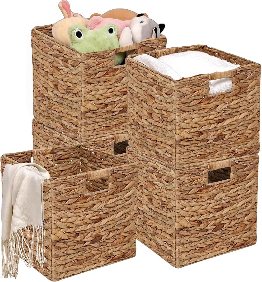 11x11in Wicker Storage Baskets Set of 5 Collapsible Water Hyacinth Basket for Organizing,Handwoven Woven Bins for Bedroom,Living Room,Shelves - Natural