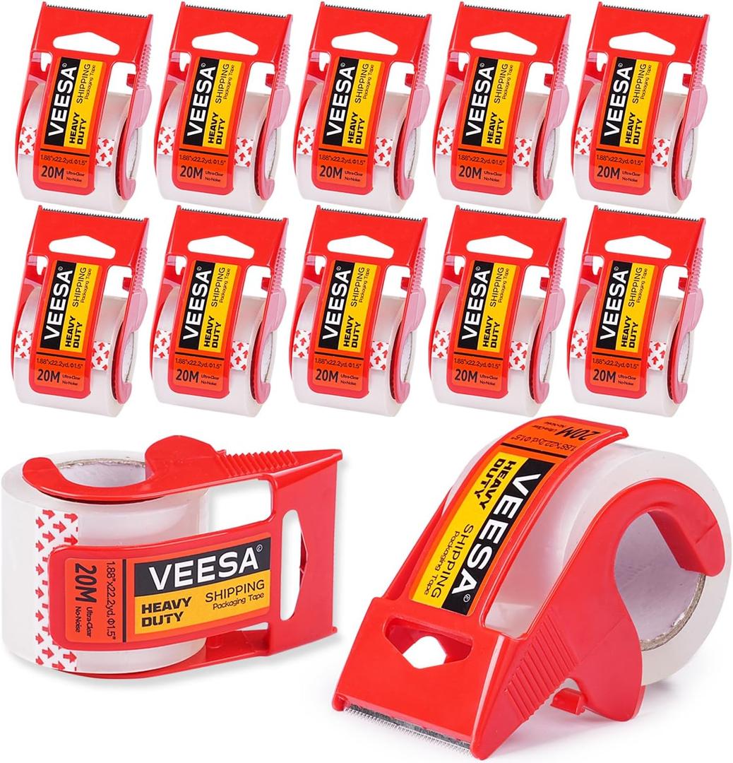 VEESA Shipping Packing Tape with Dispenser, Clear, 12 Rolls Heavy Duty Packaging Tape for Moving Supplies, 1.88" x 22.2 yd, 1.5" Core