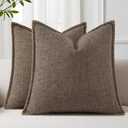 Spring Decorative Throw Pillow Covers 18x18 Set of 2 Square Linen Farmhouse Pillow Covers with Stitched Edge Outdoor Neutral Pillow Covers for Couch Sofa Living Room, Chocolate