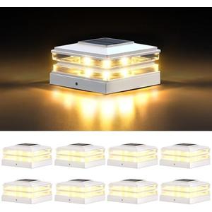 8 Pack Solar Post Cap Lights Outdoor Waterproof, Warm & Cool White, White | Fits 4x4 Wooden and Vinyl Posts,Fence Deck Post Lights, High-Brightness LEDs