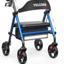 Walkers for Seniors with Seat, Thick Padded Seat 350 lb Capacity Rollator Walker with Seat, Lightweight Foldable Thickened Tube Frame, Height Adjustable, 8'' Wheels Rolling Walker Blue