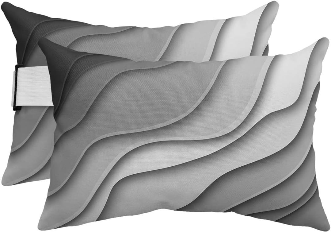 Geometric Ombre Lounge Pillows Outdoor, Aesthetic Black Grey White Gradient Abstract Head Pillows, Modern Waterproof Patio Furniture Lumbar Pillows with Adjustable Elastic Strap for Recliner Beach (2 Pack - 12x20 Inches)
