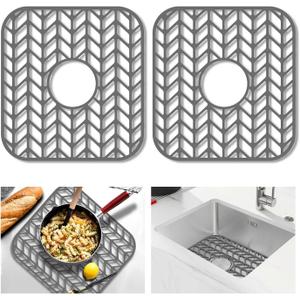 GUUKIN Sink Protectors for Kitchen sink, 12.25"x 11.5" Folding Non-slip Silicone Sink Mat Grid for Bottom of Farmhouse Stainless Steel Porcelain with Central Hole Pack of 2