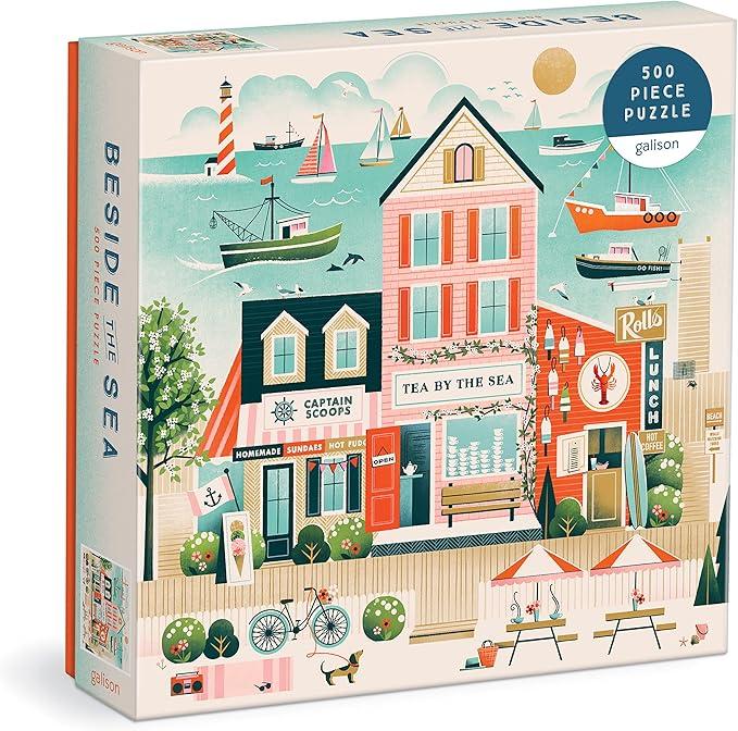 Galison Beside The Sea – 500 Piece Puzzle Fun and Challenging Activity with Bright and Bold Artwork of Charming Village and Sea Scenery for Adults and Families