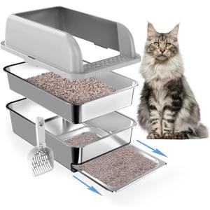 23.6"x15.7"x6" Enclosed Stainless Steel Litter Box with Lid, XL Sifting Litter Box for Pine Pellets with Removable Drawer Pan for Easy Cleaning, High Sides Large Metal Litter Box System for Big Cats