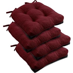 downluxe Indoor Chair Cushions for Dining Chairs, Tufted Overstuffed Textured Kitchen Chair Pads with Ties and Non-Slip Backing, 15.5" x 15.5" x 4", Burgundy, 4 Pack