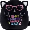 Cat 10th Birthday Stuffed Animals: 8-Inch in My Double Digits Era Gifts for Girls, 10th Birthday Black Cat Plush Toy for Girl Kids, Cute Plushie Pillow with Heart Glasses, Party Decor