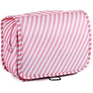 LAKIBOLE Travel Essentials Organizer Bag for Women Toiletry Bag Hanging Multifunction Cosmetic Bag Portable Makeup Pouch Waterproof (Stripes&Pink White)