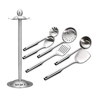 Kitchen Utensil Set – 6 Piece Stainless Steel Cooking Utensils with Rotating Holder Organizer Includes Slotted Spoon, Slotted Spatula, Large Spoon, Soup Ladle, Spatula, Pasta Server Silver/7PCS