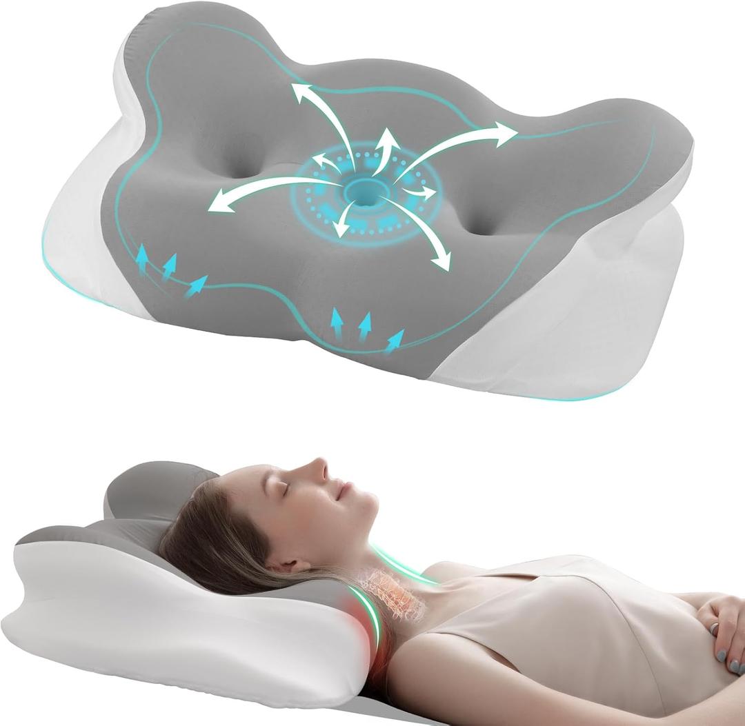 Cervical Neck Pillow - Memory Foam Pillows for Pain Relief Sleeping with Cooling Pillowcase, Ergonomic Contour Odorless Bed Pillow for Back Side Shoulder Stomach Sleeper, Queen Gray
