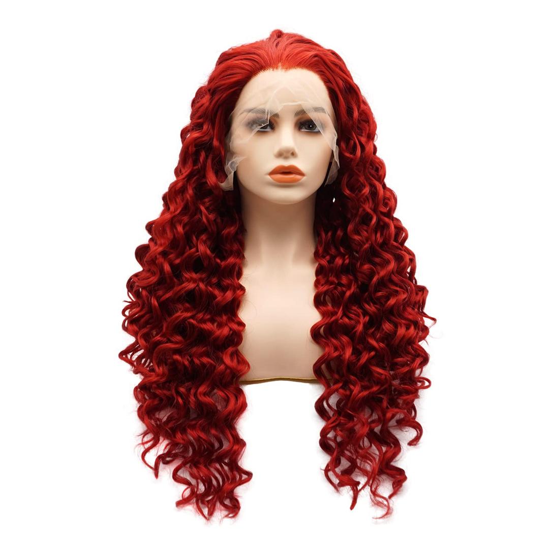 Hair Synthetic Lace Front Wig Curly Long 26inch Red Heavy Density Heat Resistant Realistic Wig