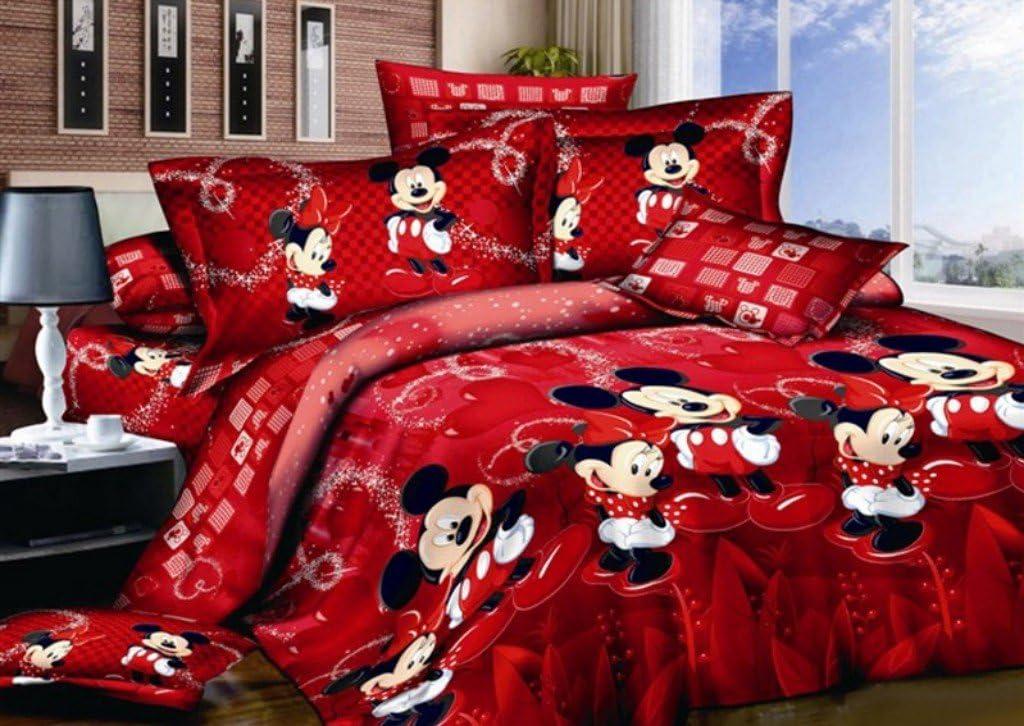 100% Cotton Kids Reversible Printing Mickey Mouse Couples Duvet Cover 3PCS Bedding Set with Zipper Closure,Queen(No Comforter) (Red)