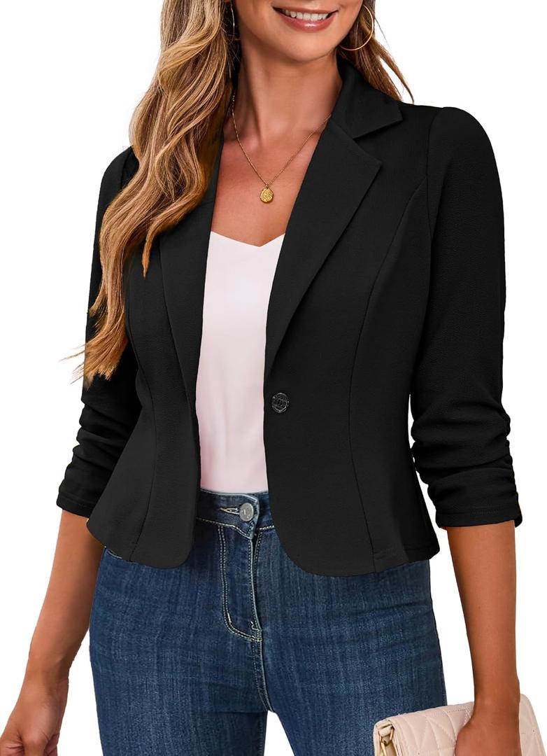 Traleubie Women's Cropped Blazers 3/4 Ruched Sleeve Lightweight Office Wear Short Blazer with Button, L