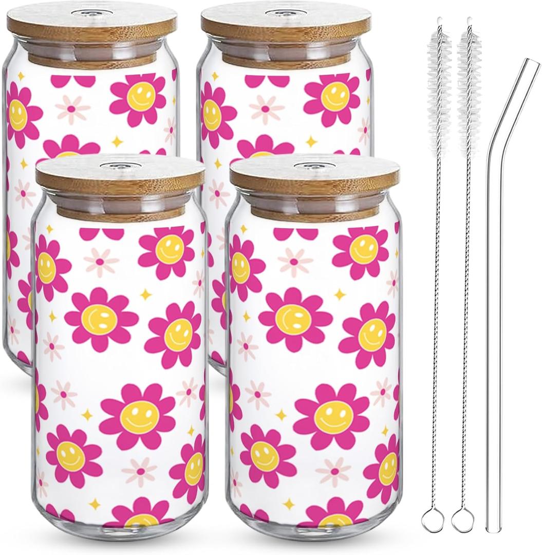 ZYLOSTORE glass cups with lids and straws,iced coffee cups with lids cups,smoothie cup, glass cups set,tumbler with lid and straw and lid, cute cups,gifts for christmas, jars with bambo lids