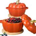 Zhehao Set of 2 Ceramic Pumpkin Bowl with Lid 15 oz Pumpkin Pot with Insulated Pads Fall Baking Cookware for Thanksgiving Dessert Seasonal Decorations(Orange)