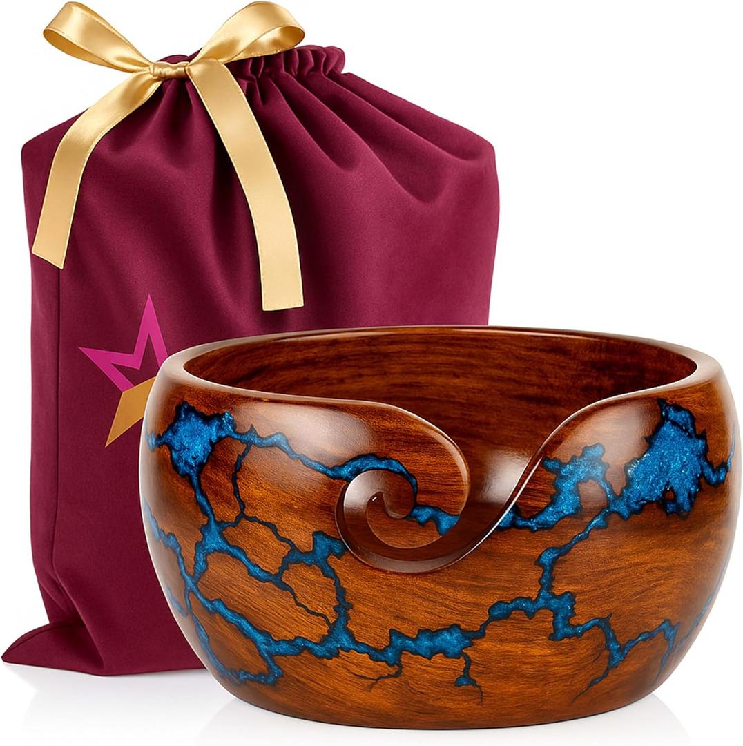 Wooden Yarn Bowl for Crocheting, 7x4in Large Crochet Holder Gift Accessories and Knitting Gadgets Supplies Handcrafted with Fractal Wood Burning & Blue Resin Inlay (Blue 7x4 )