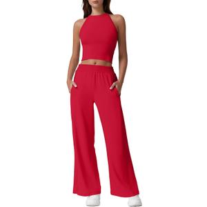 QINSEN Women's 2 Piece Sets Summer Ribbed Knit Crop Tank Tops Wide Leg Pants Sleeveless Tracksuit (Medium, Red)
