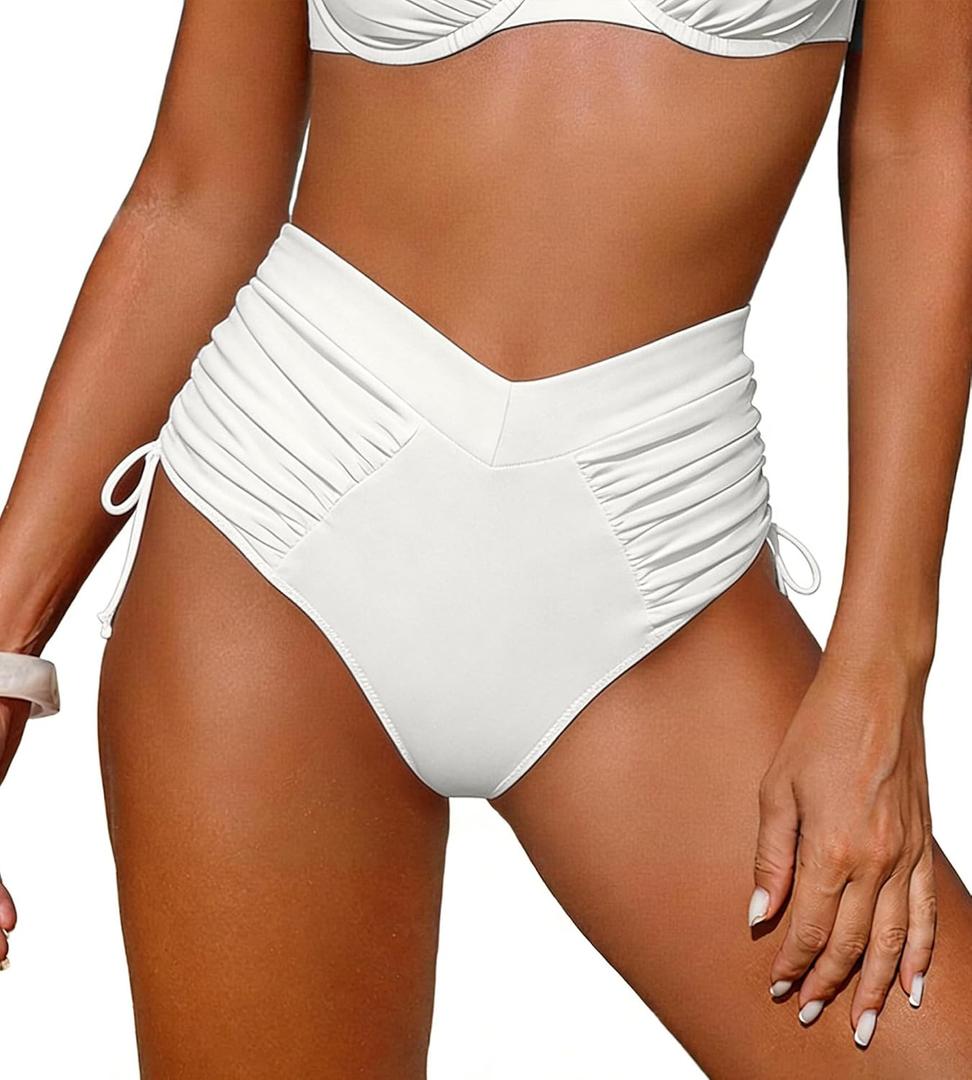 Leoparts Womens V Cut Bikini Bottoms Ruched Tummy Control Bathing Suit Bottom High Cut Drawstring Swimsuit Brief (White, L)