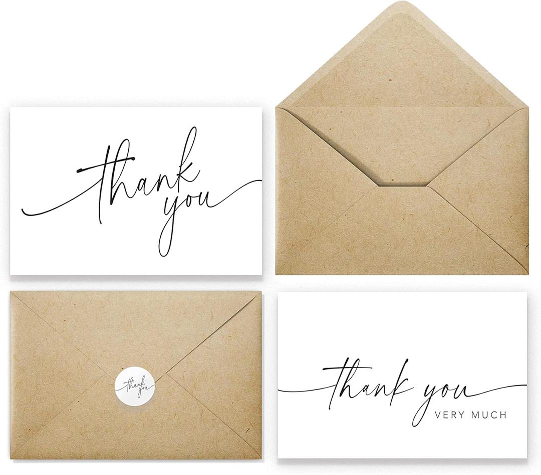 Thank You Cards with Envelopes & Matching Stickers, Bulk Pack of 100, 4x6 Inch Minimalistic Design - Suitable for Business, Baby Shower, Wedding, Small Business, Graduation, Bridal Shower, Funeral (White)