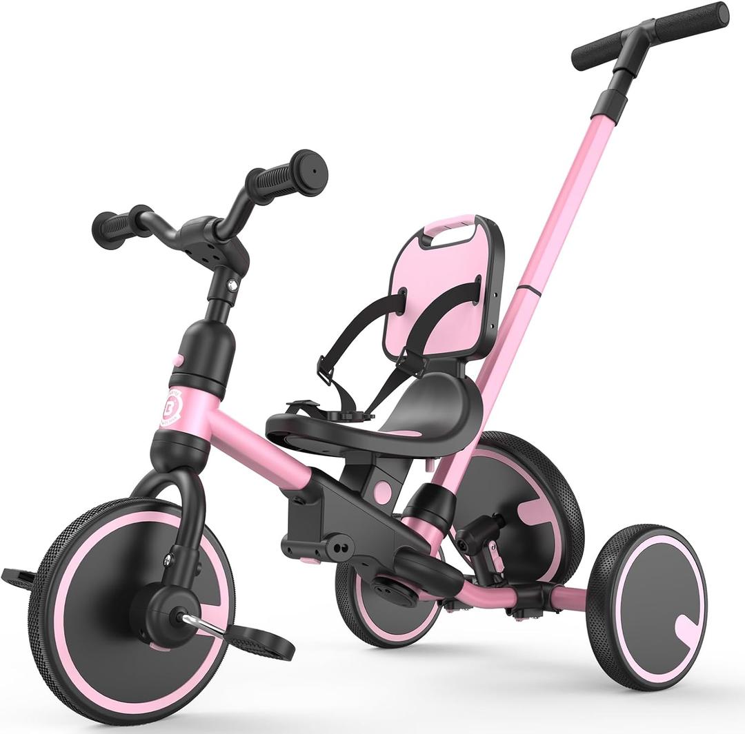 besrey 5-in-1 Toddler Tricycle with Push Handle, Grow with Me Kids Trike for 1-3 Years, Balance Bike & Tricycle, Adjustable Parent Steering, Safety Seat with Backrest (Pink)