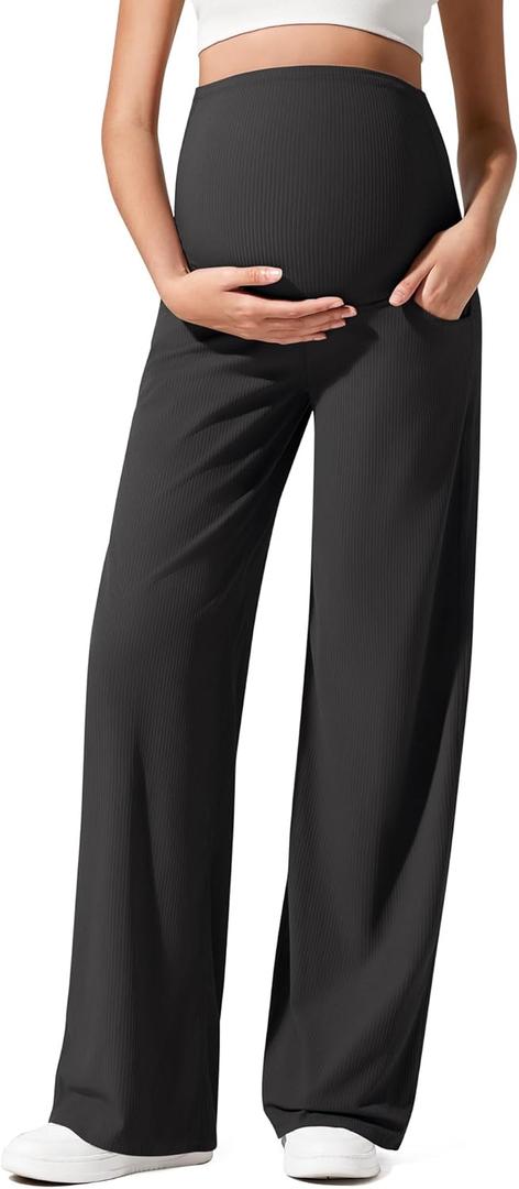 G4Free Ribbed Maternity Yoga Pants with Pockets Over The Belly Wide Leg Casual Pregnancy Lounge Trousers (Medium Petite, Black)