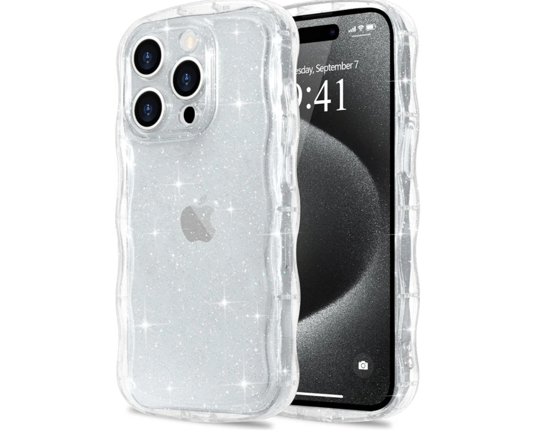 for iPhone 15 Pro Max Case Clear, Cute Sparkly Bling Glitter Curly Wave Frame Transparent Cover for Women Girls Men TPU Bumper Drop Protection Shockproof Phone Case for iPhone 15 Pro Max Clear