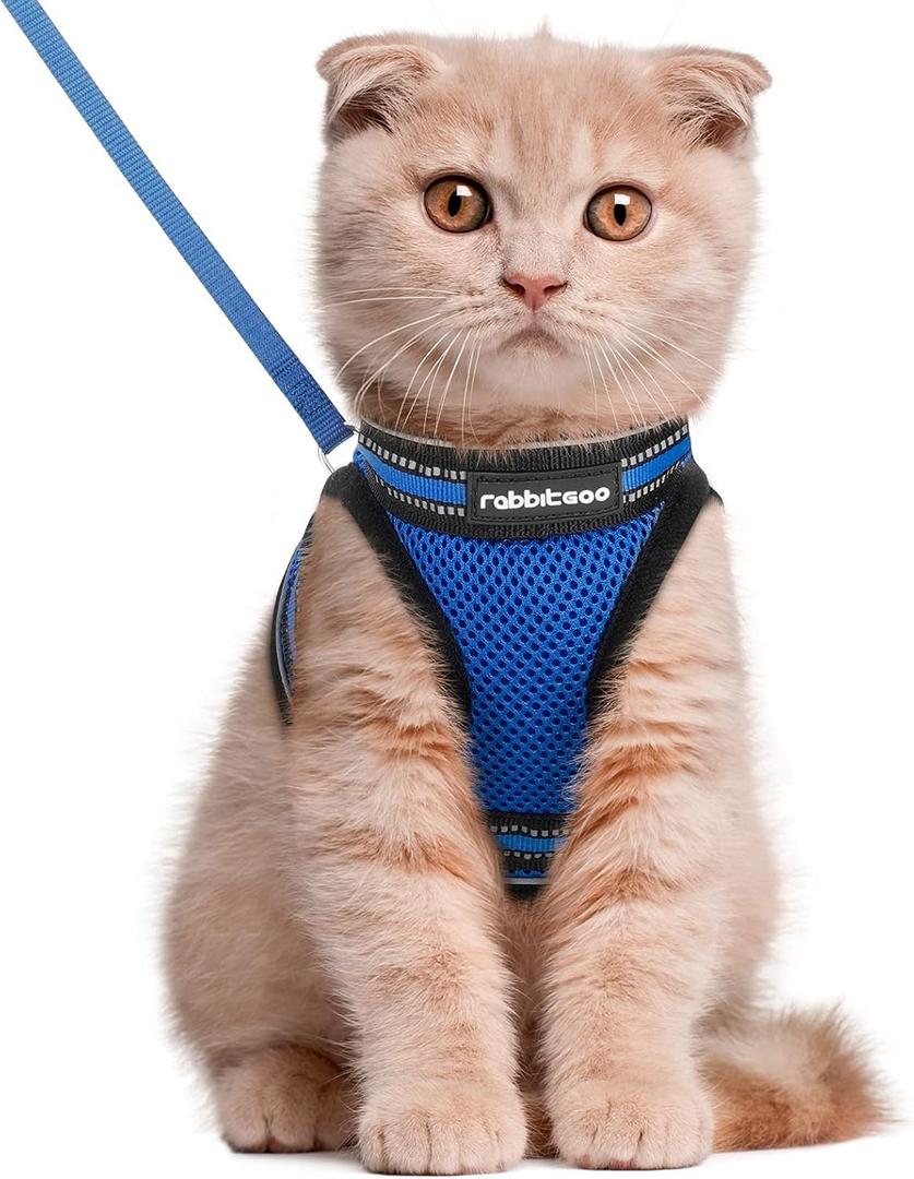 rabbitgoo Cat Harness and Leash Set for Walking Escape Proof, Adjustable Soft Kittens Vest with Reflective Strip for Cats, Comfortable Outdoor Vest,Blue,L (Large)