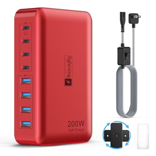 8-Port USB Charger Block 200W with Flat Plug, Braided Power Cord, and On/Off Switch- USB Charging Hub for iPhone, iPad, MacBook and More- 65W C Port Power Adapter for Laptops