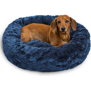 Best Friends by Sheri Original Calming Donut Dog and Cat Bed, Lux Faux Fur, Navy Blue, (23in x 23in) - Anxiety Relief for Pets Up to 25 lbs (Small)