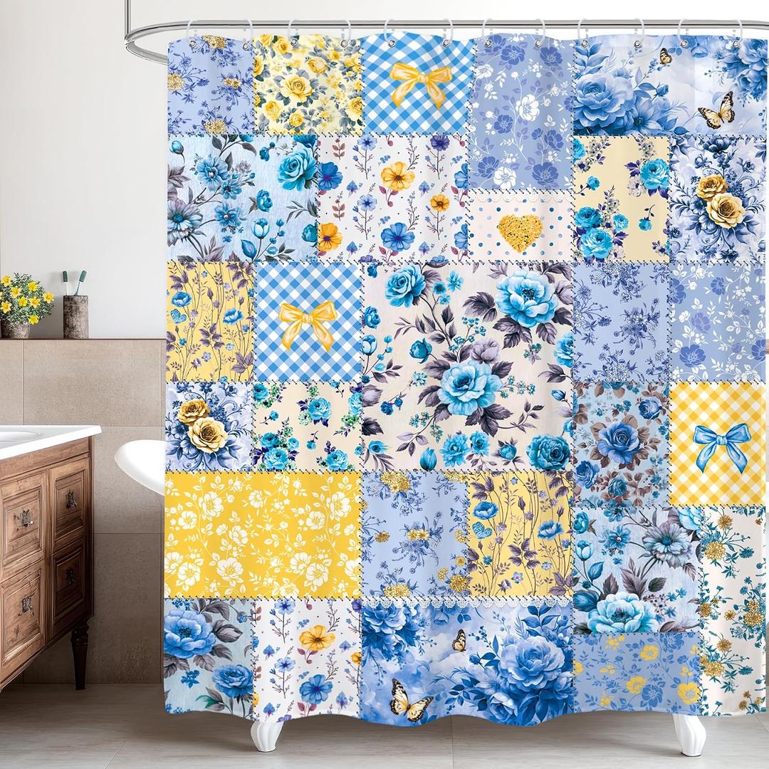 Boho Blue Floral Shower Curtain 60Wx72H Inches Bohemian Retro Patchwork Flowers Blooming Floral Farmhouse Shabby Chic Cloth Fabric Waterproof Polyester Bathroom Home Decor Set with Hooks