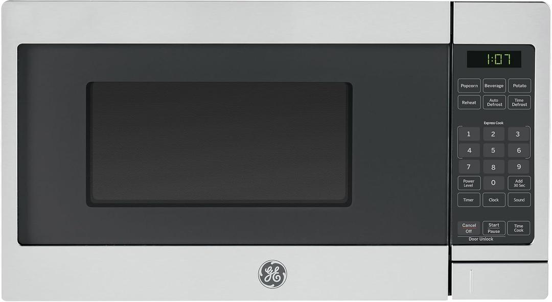 GE Compact Countertop Microwave Oven, 0.7 Cubic Ft., 700-watt Capacity, 6 Auto Cooking Settings, Child-Lock Technology, Dorm Room or Apartment, Stainless Steel