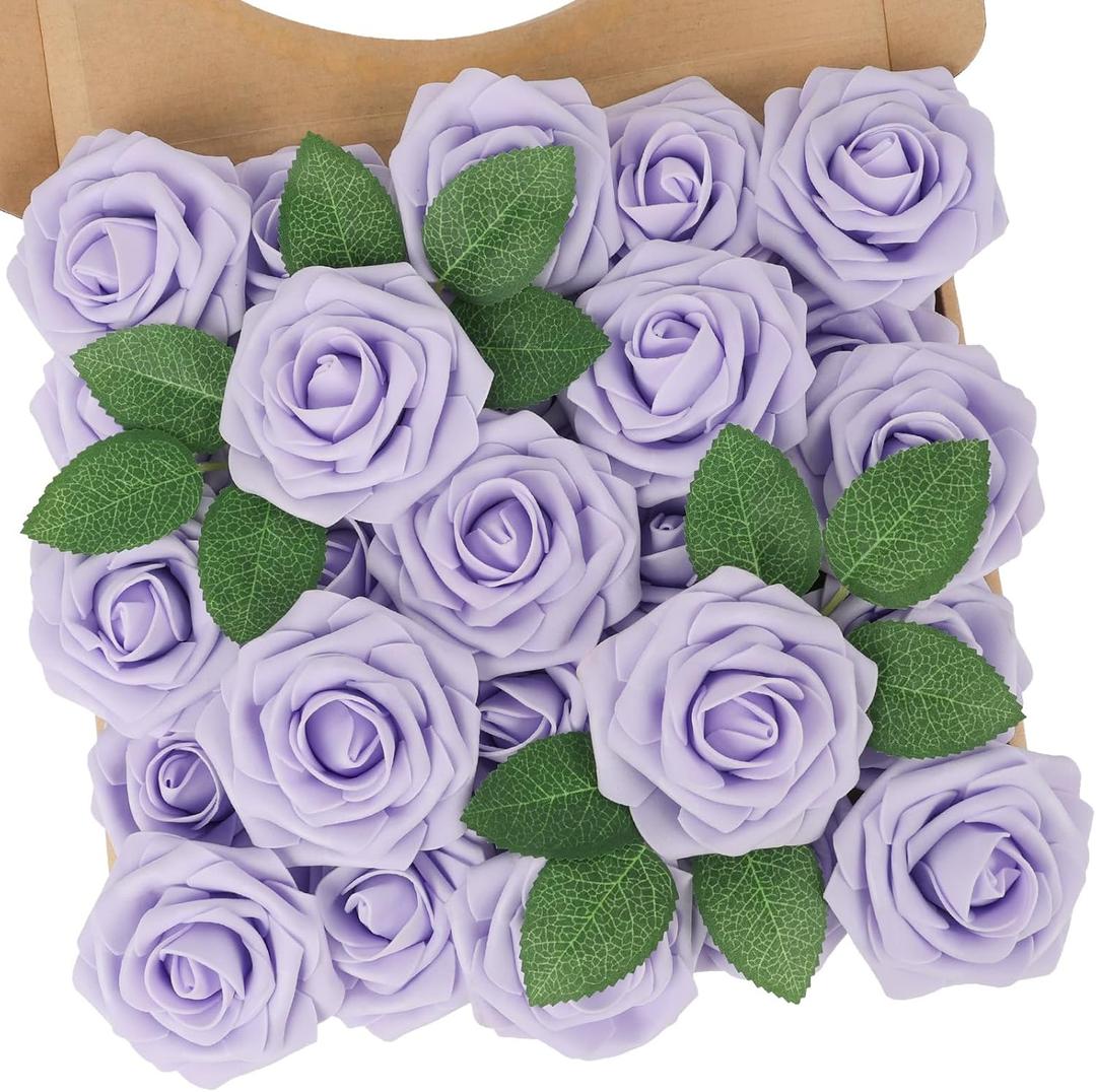 N&T NIETING Purple Artificial Flowers, 25pcs Artificial Flowers Bulk Fake Flowers Roses with Stem for DIY Wedding Bridal Bouquet Baby Shower Home Decoration, Lavender