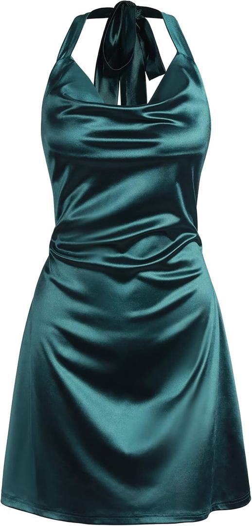 ZAFUL Women Halterneck Satin Mini Dress Sexy Cowl Neck Silky Party Cocktail Club Dress (Green, S)