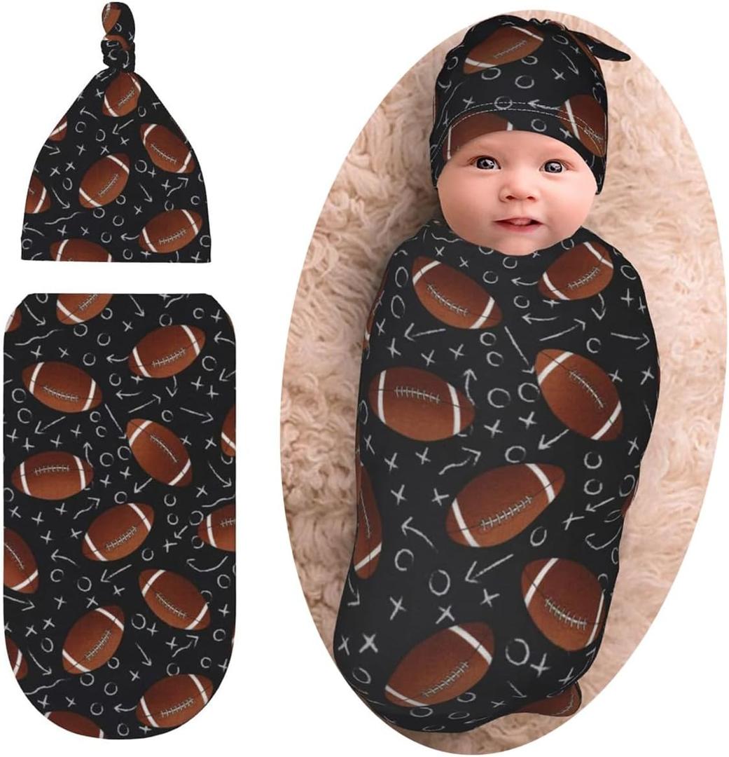 Football Baby Stuff Swaddle Blanket with Beanie Set, Soft Football Baby Blankets Newborn Sleeping Sacks for Girls Boys (One Size)