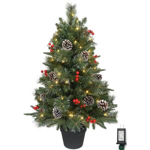 3Ft Pre-Lit Artificial Christmas Tree Tabletop with AC-Powered 100 Warm LED Red Berries Pine Cone Pine Needle, Greenery Potted Christmas Tree for Indoor, Porch, Outdoor